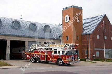 Ladder fire truck leaving the station in Indianapolis, Indiana.