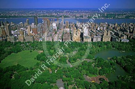 Aerial view of Central Park and the west side of New York City, New York. Hudson River and New Jersey is in the background.