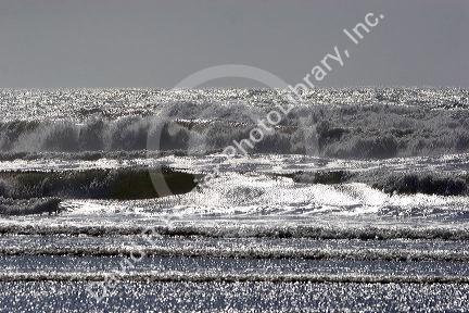 Silver waves of the Pacific Ocean along the Oregon Coast at Newport.