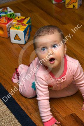 An infant child playing with blocks. MR