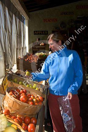 A woman shops at a farmers market in Canyon County, Idaho. MR