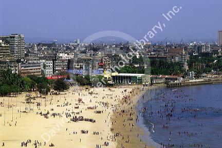 Chowpatty Beach and the city of Mumbai Bombay, India.