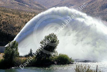 Water being let out of Lucky Peak Dam creates a rooster tail near Boise, Idaho.