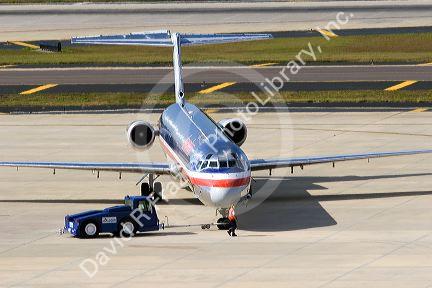 An airplane getting turned around for takeoff at the Tampa International Airport, Tampa, Florida.