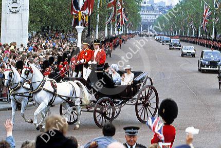 Princess Diana and the Queen Mother ride in a carriage during the Trooping of the Colour in London, England.
