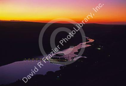 Swan Falls Dam and the Snake River at sunset in Idaho.