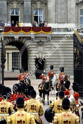 Trooping the Colour in London, England.  Queen Elizabeth II on horseback in front of Buckingham Palace.