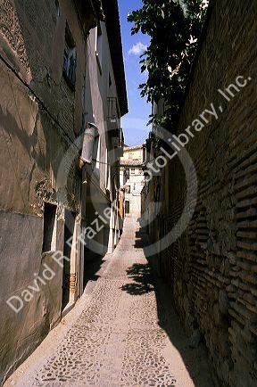 Narrow street in Madrid, Spain.