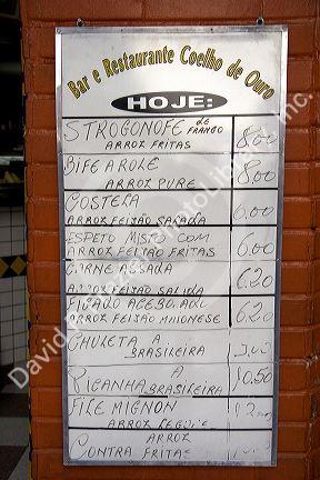 Restaurant menu board with prices in the Liberdade asian section of Sao Paulo, Brazil.