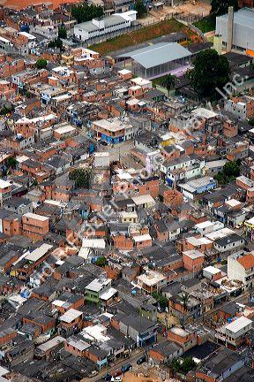 Aerial view of crowded favela housing in Sao Paulo, Brazil.