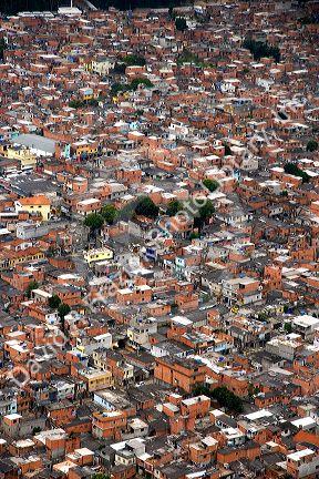 Aerial view of crowded favela housing in Sao Paulo, Brazil.