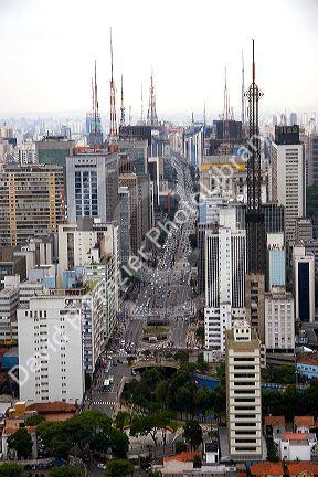 Aerial view of Avenida Paulista and Sao Paulo, Brazil.