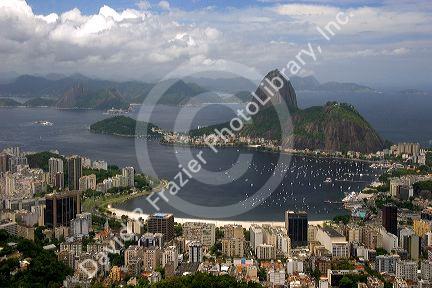 A panoramic view of Rio de Janeiro and Sugarloaf Peak, Brazil.