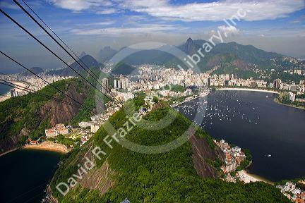 View of Rio de Janeiro from a cable car coming down Sugarloaf Peak, Brazil.