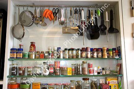 Kitchen utensils and spices.