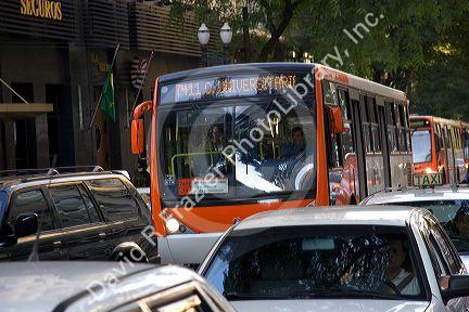 Automobiles and buses in Sao Paulo, Brazil.