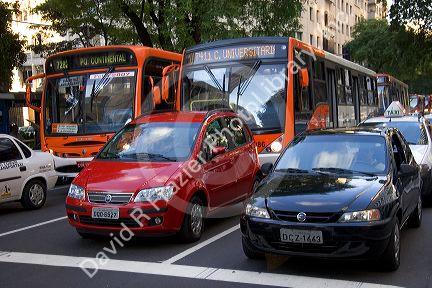 Automobiles and buses in Sao Paulo, Brazil.