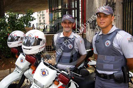Brazilian military police on motorcycles in Sao Paulo, Brazil.