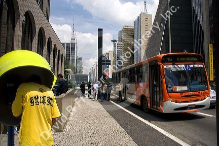 Street scene with public transportation bus in Sao Paulo, Brazil.