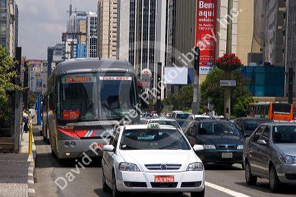 Traffic on Avenida Paulista in Sao Paulo, Brazil.
