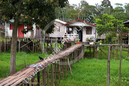 Walkways and houses on stilts in the Amazon, Brazil.