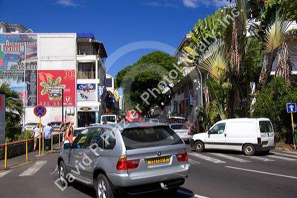 A street scene with traffic in Papeete on the island of Tahiti.