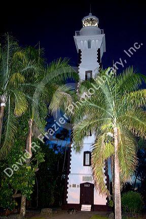 A view of the only lighthouse on the island of Tahiti taken at night. It is located on the spot Captain James Cook landed on the island.
