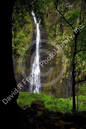 One of the Trois Cascades, a waterfall on the island of Tahiti.