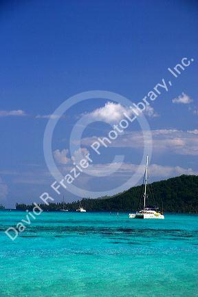 Sailboats anchored in the lagoon off the island of Moorea.