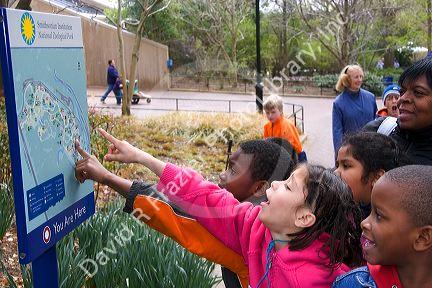 Children point at a map of the National Zoo in Washington, D.C.