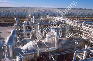 Solar energy concentrators at an electric generation plant in the Mojave Desert, California.
