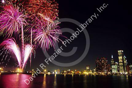 A fireworks display and the Chicago skyline at night in Illinois.