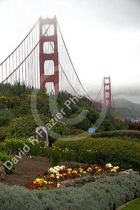 A view of the Golden Gate Bridge with fog in San Francisco, California.