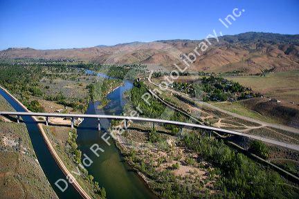 Aerial view of highway 21 bridge crossing the Boise River in Boise, Idaho.