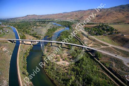 Aerial view of highway 21 bridge crossing the Boise River in Boise, Idaho.