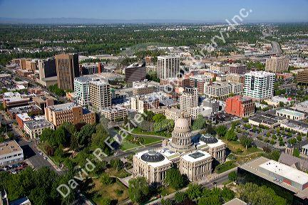 Aerial view of downtown Boise and the state capitol building in Idaho.