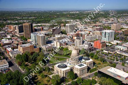 Aerial view of downtown Boise and the state capitol building in Idaho.