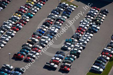 Aerial view of automobiles parked in a parking lot at Eagle High School near Boise, Idaho.