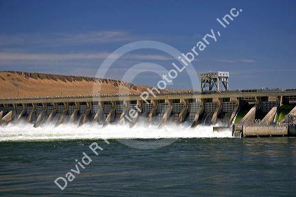 McNary Dam spans the Columbia River between Washington and Oregon at Umatilla, Oregon.