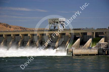 McNary Dam spans the Columbia River between Washington and Oregon at Umatilla, Oregon.