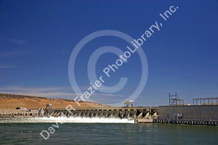 McNary Dam spans the Columbia River between Washington and Oregon at Umatilla, Oregon.