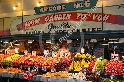 A fruit and vegetable display at the Pike Place Market in Seattle, Washington.