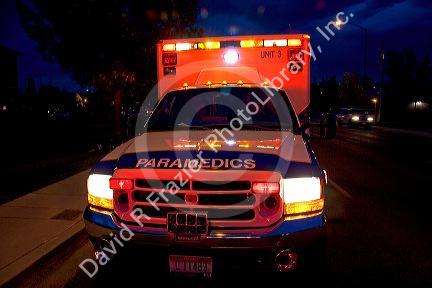 Ada County paramedics ambulance with lights flashing in Boise, Idaho.