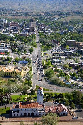 Aerial view of the Boise Depot and capitol boulevard in Boise, Idaho.