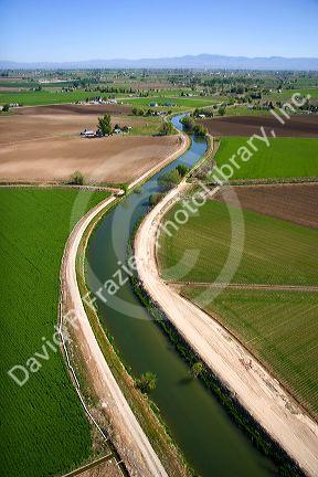 Aerial view of farmland and an irrigation canal in Canyon County, Idaho.