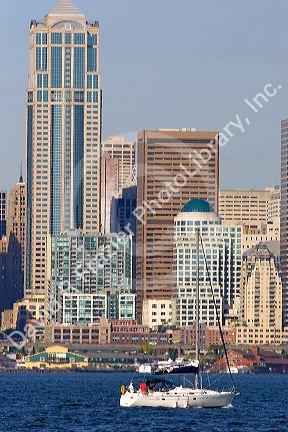 Sail boat in Elliott Bay with the city of Seattle, Washington in the background.