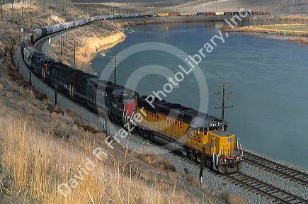 A Union Pacific train travels along the Snake River in Idaho.
