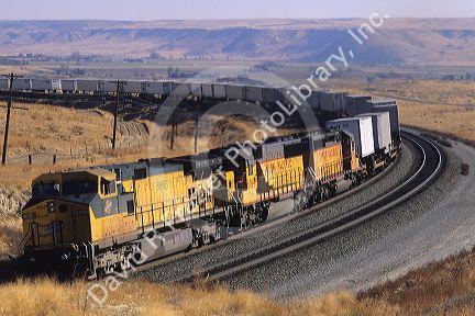 Union Pacific train traveling near Mountain Home, Idaho.