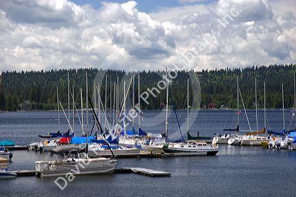 Boats docked at Payette Lake in McCall, Idaho.