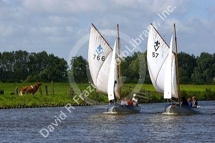 Sailboats travel on a canal east of Leiden in the province of South Holland, Netherlands.